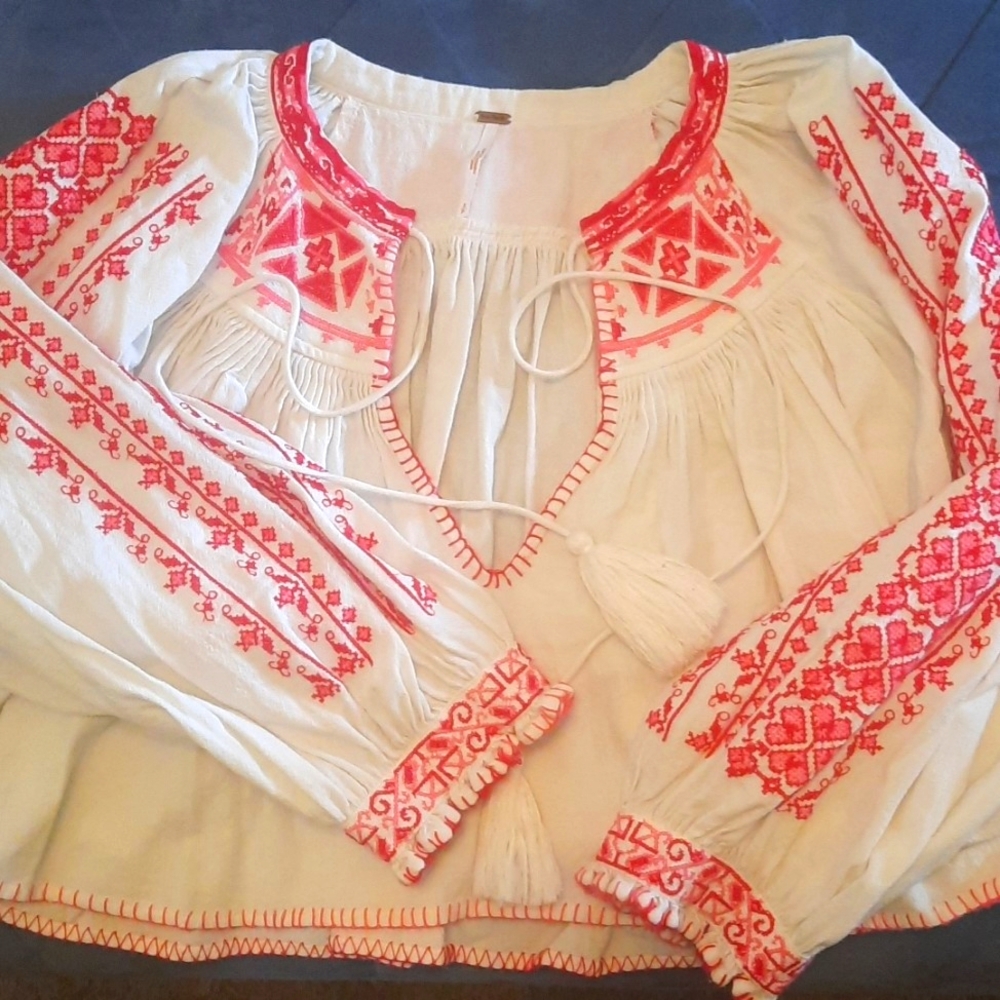 Free People Cream and Red Embroidered Top